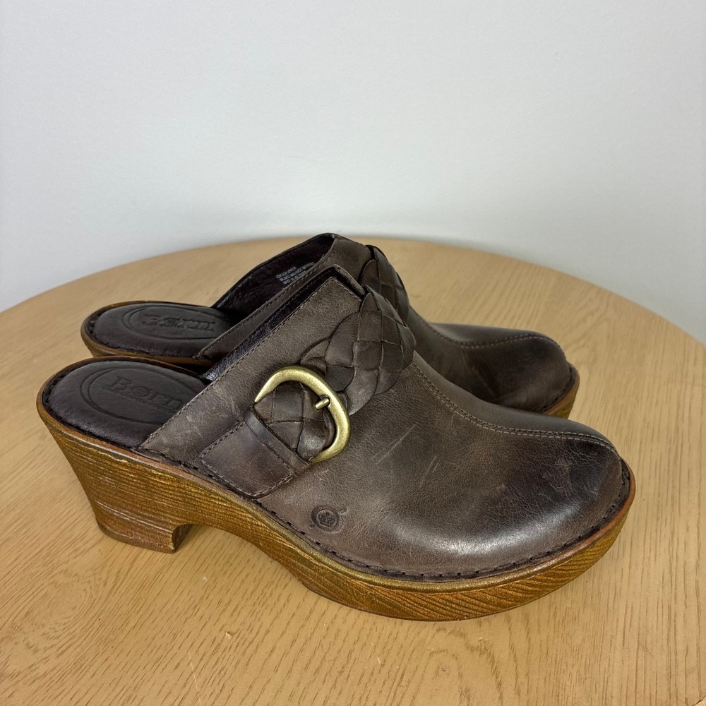 Born Leather Clogs Mules Braided Buckle Platform Heels Women's 10 Fall Comfort